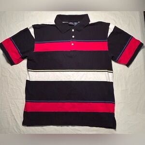 Vintage Bugle Boy Red White & Black Striped Polo Shirt Men’s Size Large